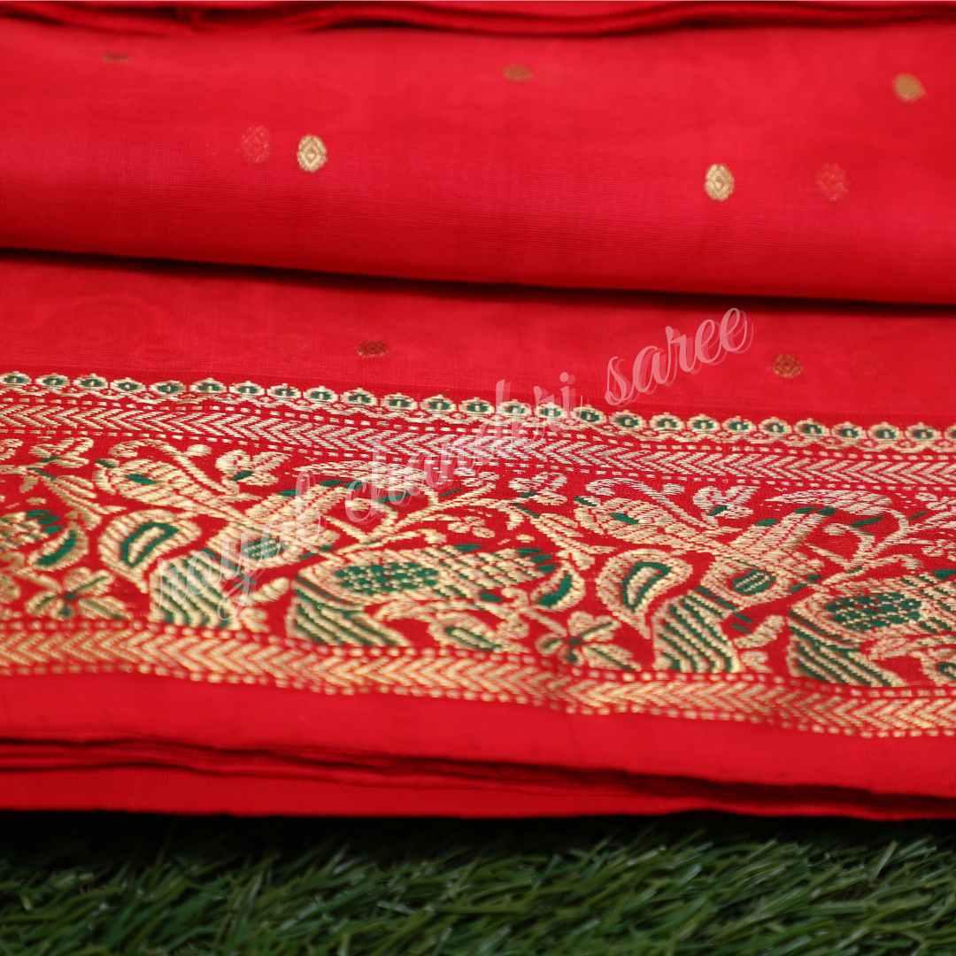 Red Chanderi Silk Saree With Mehandi Lage Haath - Royal Chanderi Saree