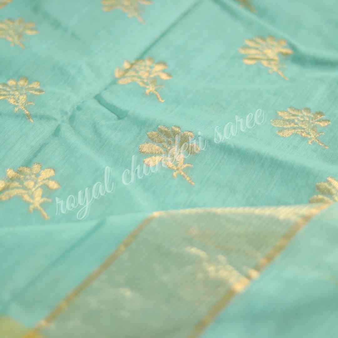 Turquoise Blue Chanderi Silk Cotton Saree - Royal Chanderi Saree