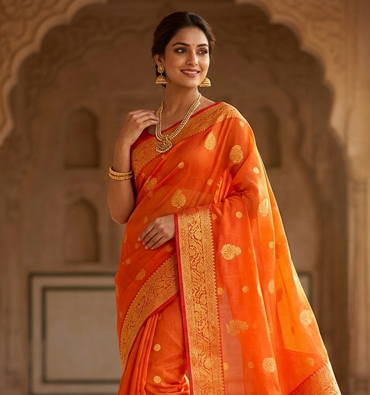 Orange Tissue Chanderi Handloom Pure Silk Saree